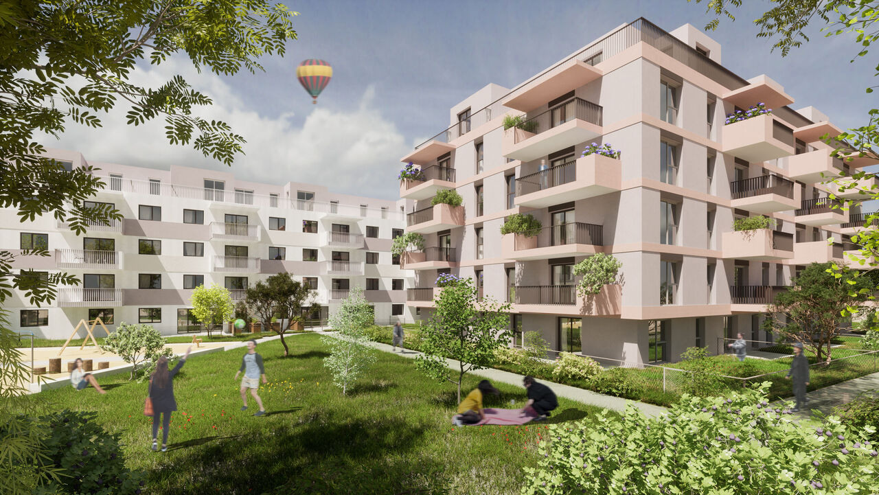 Visualisierung der Hofansicht eines Wohnprojekts im 23. Bezirk in der Mackgasse 7-13