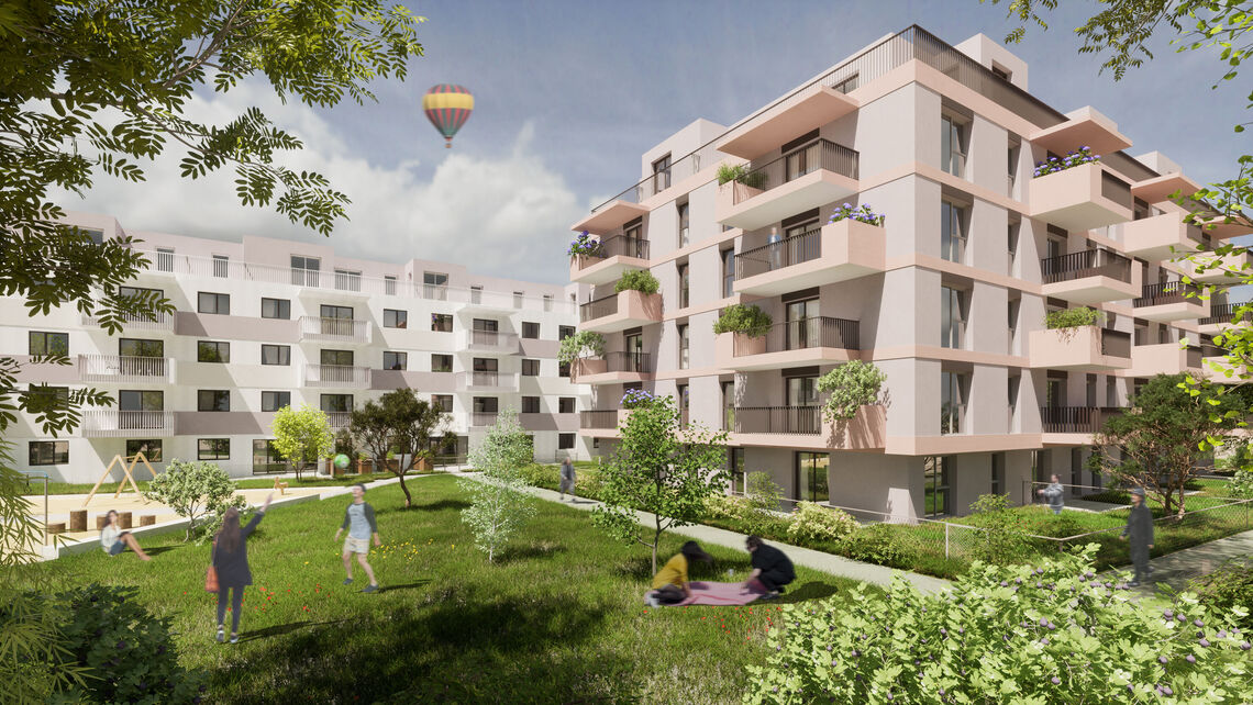 Visualisierung der Hofansicht eines Wohnprojekts im 23. Bezirk in der Mackgasse 7-13