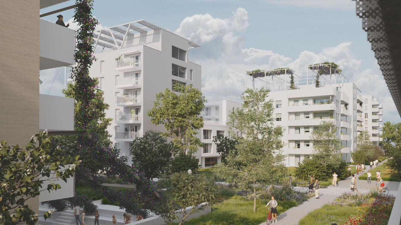 Visualisierung eines Wohnprojekts mit weißer Fassade