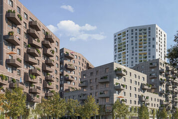 Visualisierung eines Wohnprojekts mit privaten Freiflächen