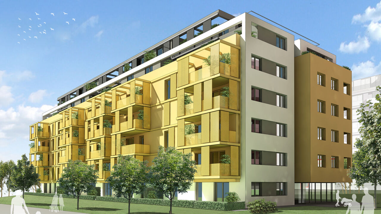 Visualisierung des Wohnprojekts Viola Park, Bauplatz 3, des Bauträgers AEAG im 10. Bezirk, mit Blick auf die Quartierspromenade