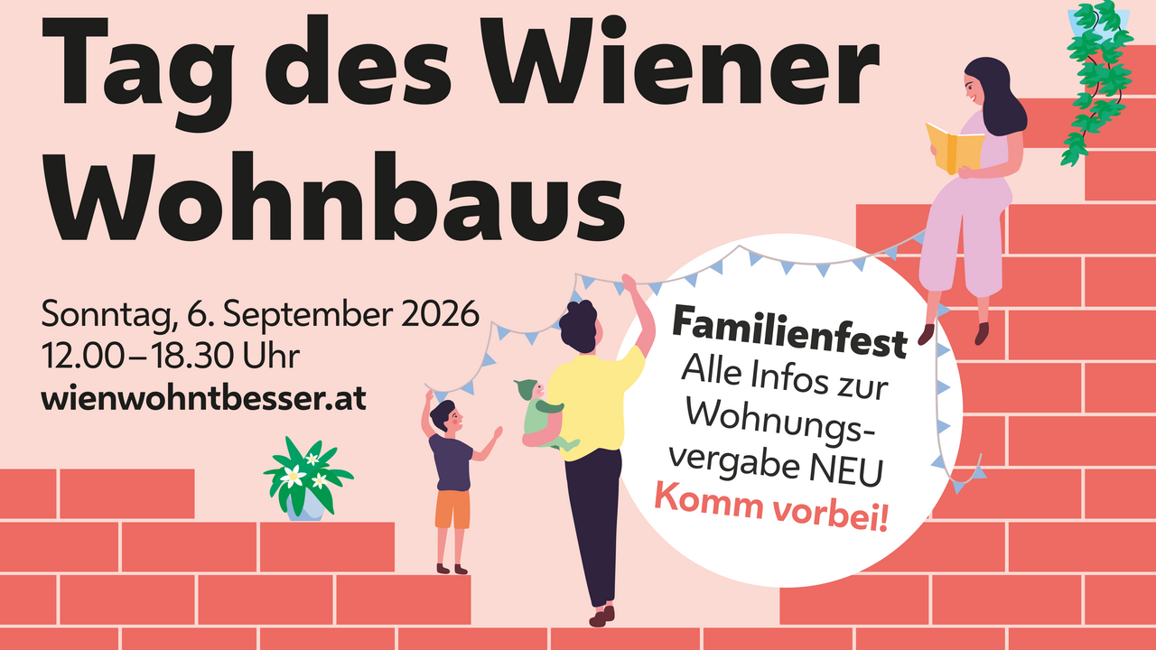 Illustration einer Frau mit Kind vor einer roten Ziegelmauer und einer sitzenden Frau mit Buch, Text "Tag des Wiener Wohnbaus Sonntag, 6. September 2026 12.00–18.30 Uhr wienwohnbesser.at Familienfest Alle Infos zur Wohnungsvergabe NEU Komm vorbei!"