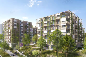 Süd-Perspektive der Visualisierung des Wohnprojekts Kurbadstraße BAG 5 des Bauträgers Gartenheim im 19. Bezirk - Gebäude mit Holz verkleidet und begrünt