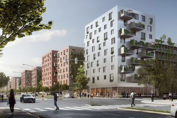 mehrere moderne Wohngebäude mit Balkonen und begrünten Fassaden an einer Straßenkreuzung mit Fußgängern und Autos
