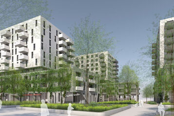 Visualisierung eines Wohnprojekts mit weißer Fassade, Grünflächen und Supergreißler