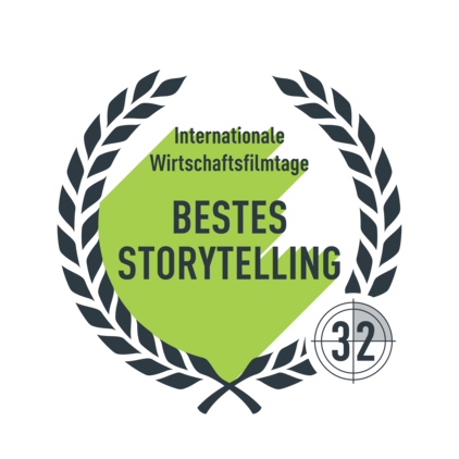 Logo mit Lorbeerkranz und dem Schriftzug "Internationale Wirtschaftsfilmtage Bestes Storytelling"