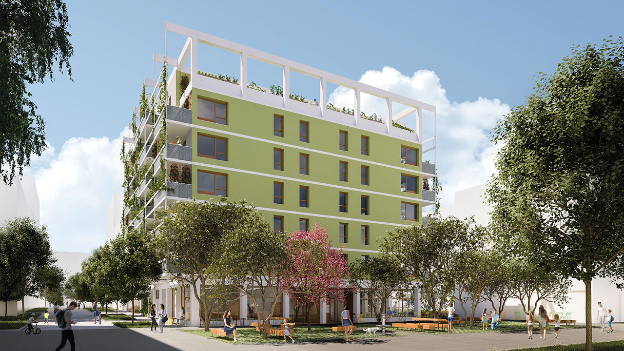 Visualisierung des Wohnprojekts mit grüner Fassade und Grätzlplatz