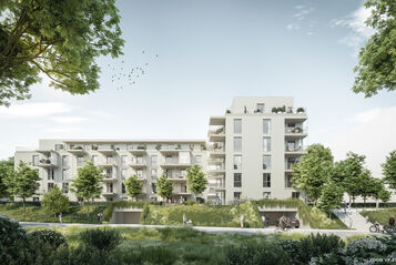 Außenansicht eines neuen Wohnhauses mit Flachdach, Balkonen und viel Grünraum davor