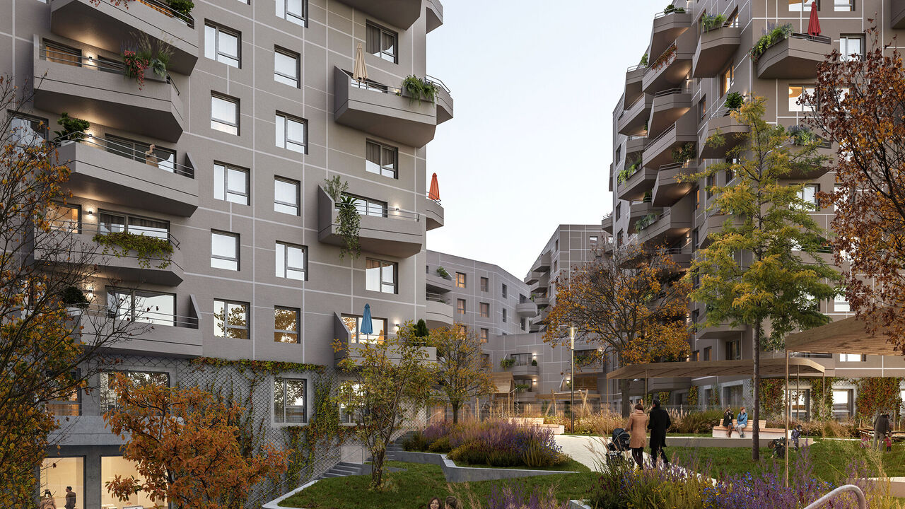 Visualisierung eines Wohnprojekts mit privaten Freiflächen