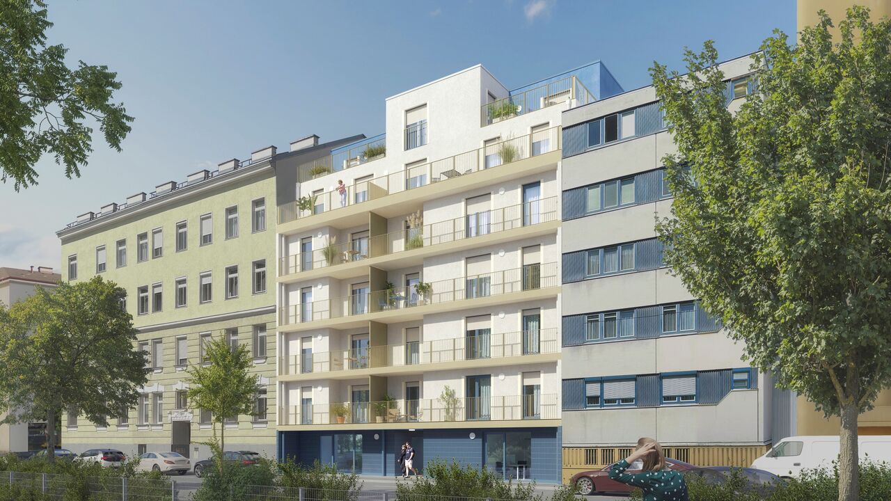 Zu sehen ist eine Visualisierung des Wohnprojekts mit heller Fassade.