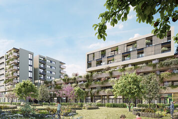 mehrstöckige moderne Wohngebäude mit begrünten Fassaden und Gartenanlage im Vordergrund unter blauem Himmel