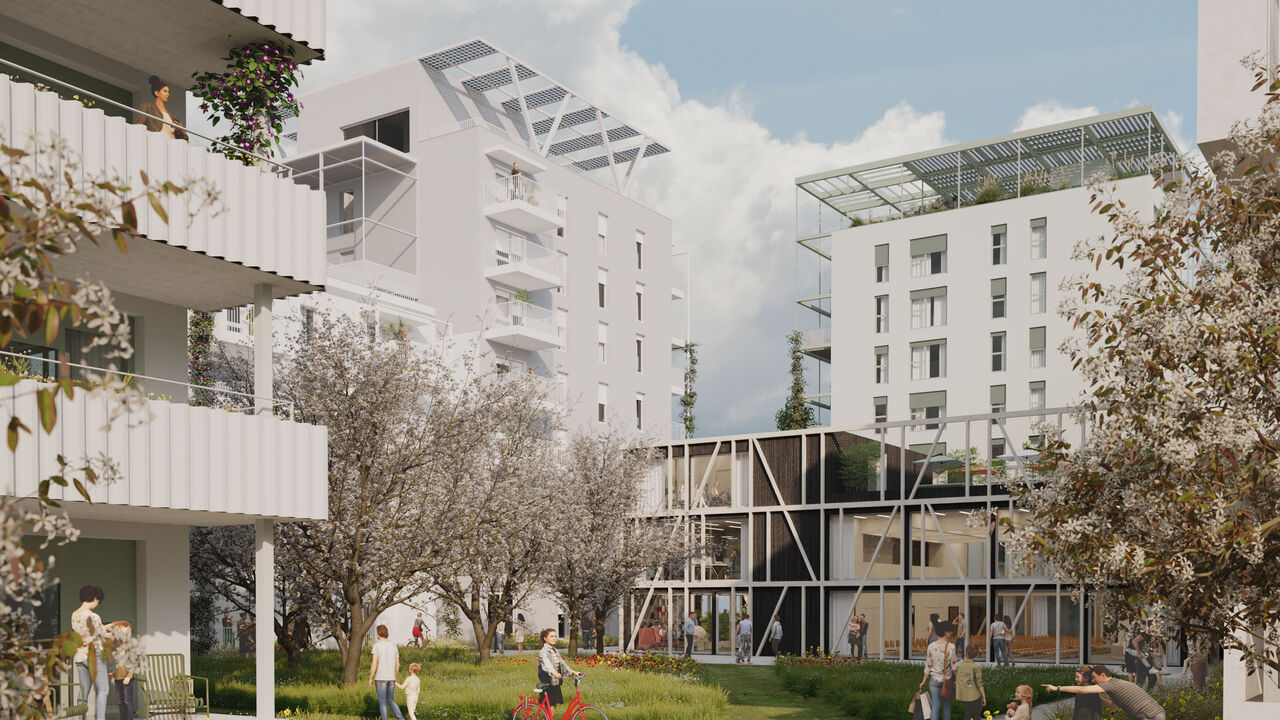 Visualisierung eines Wohnprojekts mit weißer Fassade